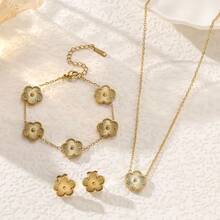 优雅手工抛光不锈钢四叶草项链、手链和耳环套装，女士日常珠宝 - 黃色 - 查看 11