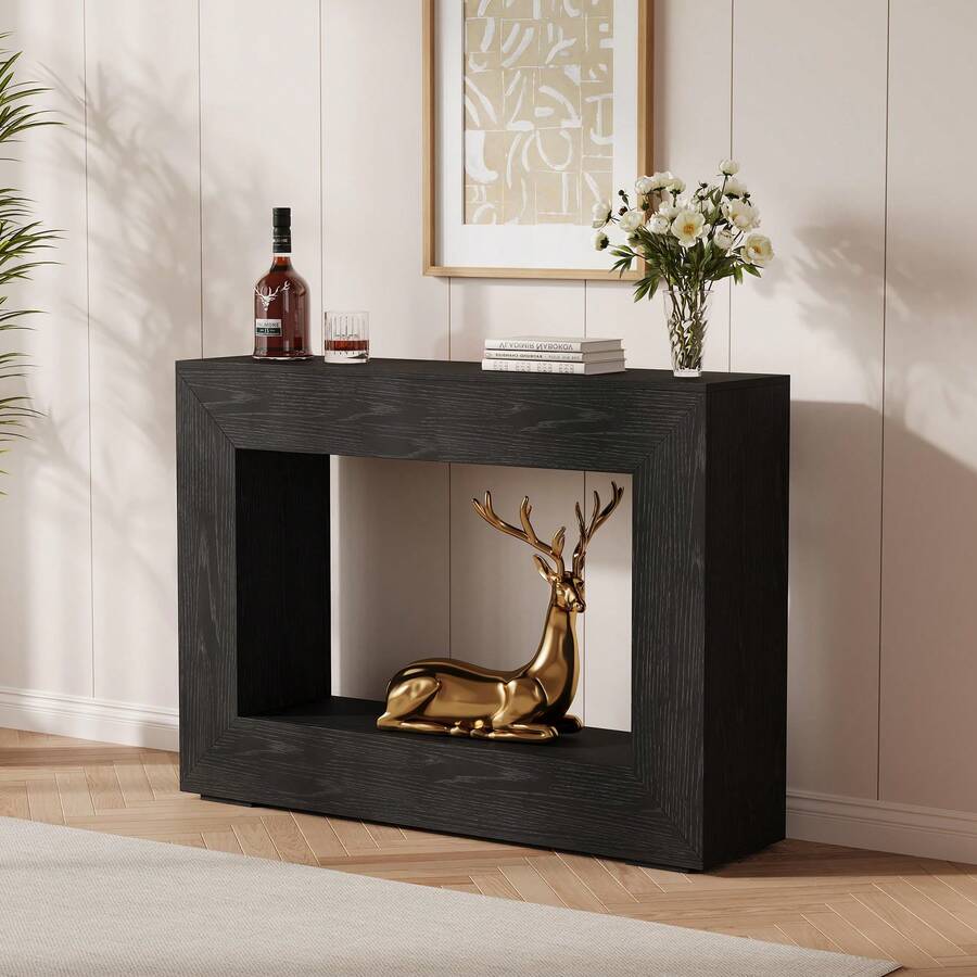 Huisuilinss Farmhouse Console Table,47" Entryway Table,2-Tier Long Sofa Table,Rustic Rectangular Design Wood Behind Couch Table For Living Room Hallway Entrance - Black - View 1