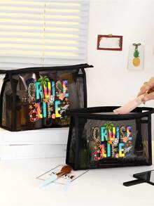 Large Capacity Mesh Bag Set, Featuring Colorful "Cruise Life" Lettering, Leopard Print Accents, Cute Beach Scenes, Dolphin And Seashell Patterns With Wavy Texture, Mesh Beach Tote Bag, Mesh Makeup Organizer Bag, Foldable Large Capacity Beach Bag Waterproof And Sandproof, Letter Decorated Mesh Beach Tote, Suitable For Commuting, Shopping, Vacation And Daily Casual Use, Perfect Gift For Friends - Multicolor - View 9