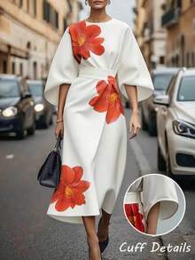 Floral Print Dress For Women  Cape Sleeve Midi Dress Casual Party Outfit Elegant Long Dress - trắng - Xem 1