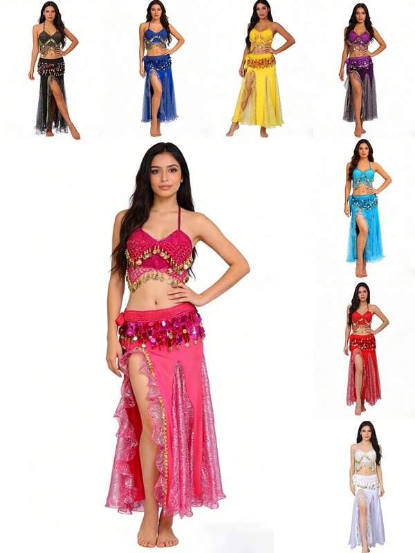 Festival Style Belly Dance 3 Pieces Set - Sparkling Coin Bra + Mesh Patchwork Skirt + Sequin Hip Scarf | Performance Outfit For Themed Parties & Cultural Events (Multiple Colors Available)