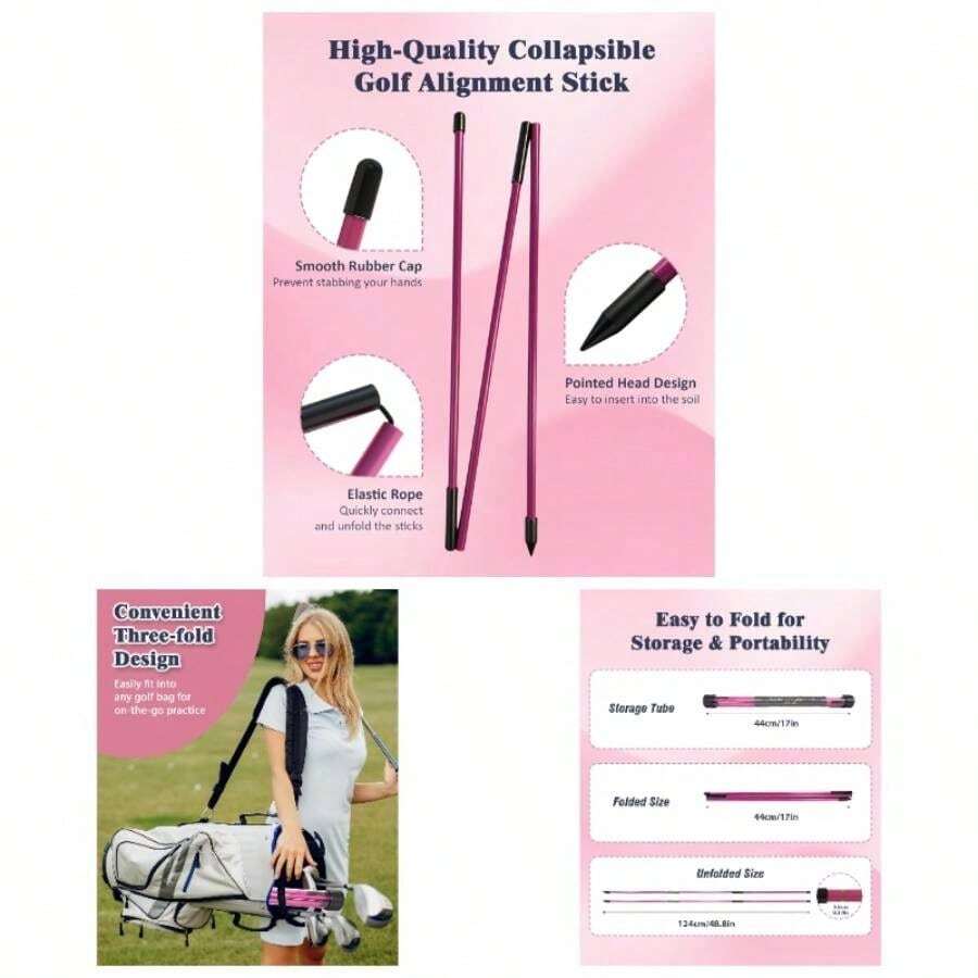 Alignment Sticks, 2 Pack Plastic 49 Inch Collapsible Alignment Stick Practice Rods Aid Aiming, Putting, Swing Trainer, Posture Corrector With Tube Case, Training Equipment - 粉色 - 查看 1