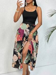 AIJ 随机花卉印花吊带开衩连衣裙 - 黑色 - 查看 3