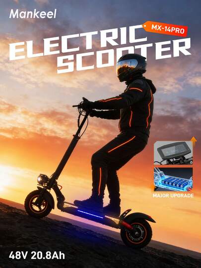 Mankeel Folding Electric Scooter With 10-Inch Off-Road Tyres 800 W Maximum Power 48 V 20.8 Ah Battery 20° Climbing Ability 45 Km/H 27 Mph Top Speed 70 Km 43 Miles Range RGB Ambient Lighting Indicators USB Port For Adults And Teenagers Ideal For Outdoor Rides City Commutes Off-Road Adventures Valentine's Day Gift