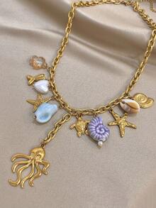 1pc Ocean Style Octopus Pendant Necklace, Unique Gold Chain Necklace, Stainless Steel Chain Necklace For Women, Suitable For Daily Wear, Party, Valentine's Day, Mother's Day Gift - Multicolor - View 2