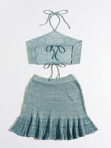 女士钩针露背吊带上衣和薄纱荷叶边针织裙套装，适合夏季沙滩装穿着 - 綠色 - 查看 2