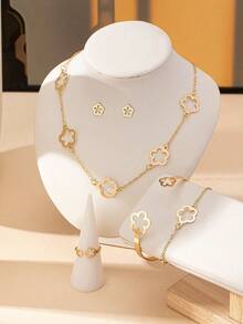 6件套优雅四叶草镂空吊坠项链、四叶草吊坠手链、四叶草开口手镯、四叶草开口戒指、四叶草耳环，适合女士日常及节日装扮。 - 金黃色 - 查看 5