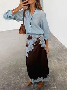 Magic Mia Women's Chocolate Brown & Blue Maxi Dress - Halter Neck & Contrast Lace Trim & V-Neck | Romantic Retro Fit For Bridal Showers, Date Nights, Vacation Evenings For Effortlessly Feminine Stylish Looks - màu nâu - Xem 6