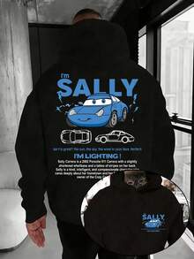 Disney Men's Casual Hoodie, Featuring Sally's Blue  Print From "Cars", Creates A Fresh And Retro Visual Atmosphere, Suitable For Daily Commuting, Friend Gatherings, Park Check-In And Other Scenes - 黑色 - 查看 1