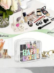 Felices Pascuas, Bolsa de cosméticos con estampado de conejo de Pascua, disponible en tamaños grande y pequeño, bolsa organizadora de viaje con cierre de cremallera de PVC, bolsa de maquillaje y artículos de tocador ligera y resistente a la decoloración para mujeres y niñas - Multicolor - Ver 5