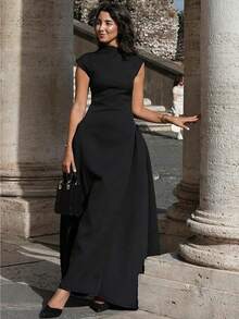 European And American Style Women's Clothing Autumn New Solid Color Sleeveless Fashion Temperament Dress Slim Pleated Long Dress - màu đen - Xem 1