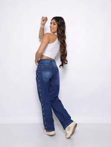 Wide Leg Pants With Side Embroidery, Women's Sizes 10 To 16 - Navy Blue - View 4