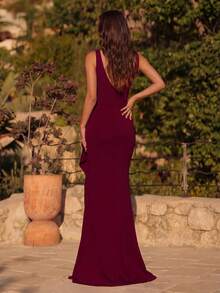 Đầm dạ hội dự tiệc cocktail lưng cao xẻ tà màu trơn, xẻ tà hở lưng, cạp cao - Màu Đỏ Sâu - Xem 2