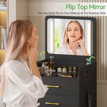 3 In 1 Vanity Desk With Flip Up Mirror And Lights, Glass Top Makeup Vanity Table With Charging Station,LED Compact Dressing Table With 3 Drawer And Wheel Storage Stool For Bedroom(Black) - View 3