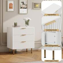 Cómoda acanalada de 3 cajones para dormitorio, mesita de noche moderna con cajones profundos, cómoda con tablero ancho, organizador de madera, mesa auxiliar para salón, pasillo y habitación infantil, color blanco. - Blanco - Ver 7