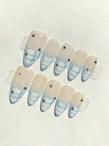 10pcs Pure Handmade Press On Nails Long Almond Nail Baby Blue And White Nails With Blending Pattern Frence Fancy Cute Pain Y2k Gentle Stroble Flash Temperament For Women And Girl,Spring Summer Fall Winter,Holiday And Daily Life Use - Blue and White - View 2