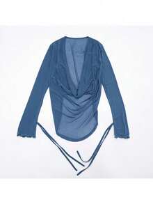 2026 New Women's Fashion Sexy Mesh Swinging Neck Strap Long Sleeve Top Slim Pants Set - Màu xanh lam - Xem 7