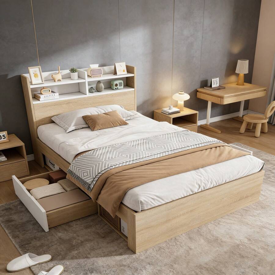Bed Bases & Foundations - Oak + White + Wood + 90cm*200cm - View 1