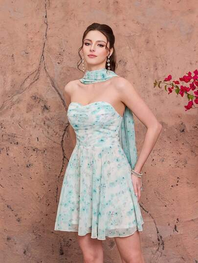 Đầm mini không dây vai bằng chiffon họa tiết hoa màu xanh lá cây thanh lịch của Mgiacy-Pop - Cổ tim, dáng chữ A, thích hợp cho tiệc cưới, tiệc tối, kỳ nghỉ và lễ hội mùa hè dành cho nữ.