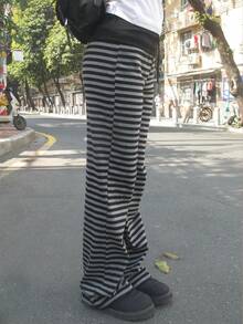 Japanese Style Colorblock Striped Patchwork Lace-Up Soft Comfortable Casual Pants Spring - Grey - View 6