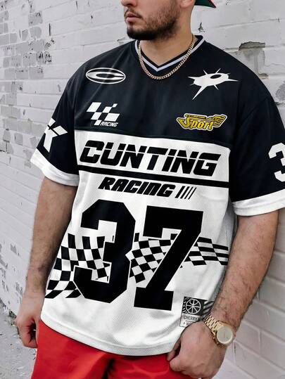 男士V领运动街头风学院风网眼拼接印花T恤，春夏款