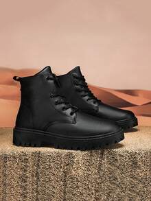 Men's High Top Boots, Autumn/Winter, All-Match Black Leather Casual Shoes, Wear-Resistant Low-Cut Cargo Shoes, New Fashionable Casual Shoes Go With Dress, Western Style Punk Lace-Up Metal Eyelets Holiday - Black - View 5