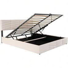 Lit double contemporain 180x200 cm en velours beige capitonné rayé - Tête de lit à hauteur variable et système hydraulique(Sans matelas) - Beige + Velours + 180 cm x 200 cm - Voir 11