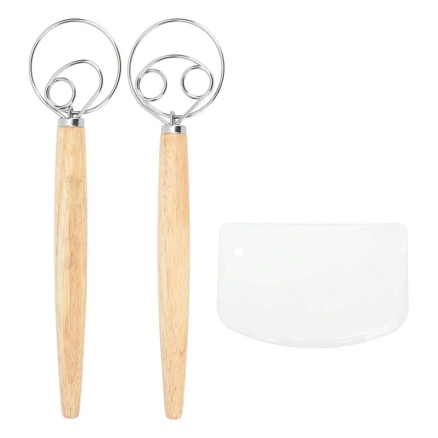 Ensemble de fouets à pâte danois à 1 et 2 œillets, fouet à pain de style hollandais en acier inoxydable avec manche en bois, résistant à la corrosion et avec racleur à pâte pour la cuisson en cuisine. - Nude - Voir 1