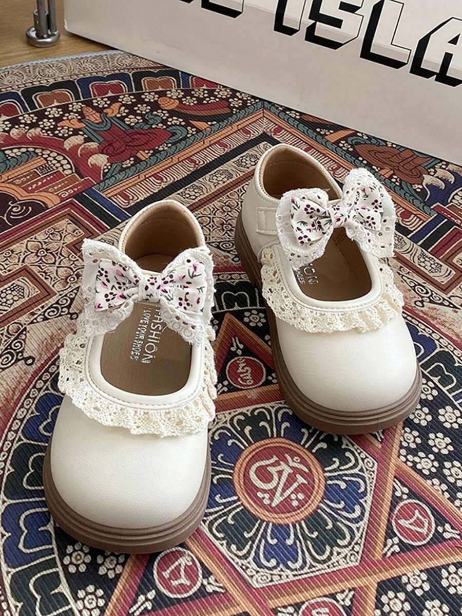 1双儿童蝴蝶结装饰公主鞋,时尚女童表演鞋,软底鞋,春秋新品 - 米色 - 查看 1