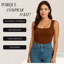 Set Of 3 Tank Tops, Square Neck, Straight Style,  Premium Plain Spandex Fabric, Summer Fashion (Foreign Style) - 黑色/棕色/米色 - 查看 2
