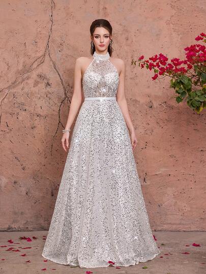 Vestido largo de lentejuelas blancas con cuello de halter y silueta evasé, elegante vestido de verano para mujeres para fiesta, baile de graduación y dama de honor
