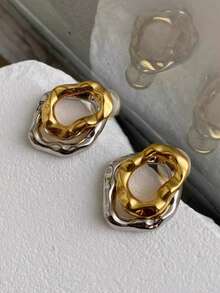 1 Pair Minimalist Chic Irregular Double-Layer Gold & Silver Earrings, Elegant And Casual, Suitable For Women's Daily Wear, Commuting, Party, Street Style, Beach Vacation, Dating - Multicolor - View 3