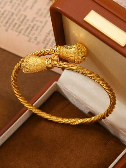 1pc 24K Gold Plated Twisted Bangle Bracelet, Middle Eastern Saudi Arabian Style, Gift For Family And Friends