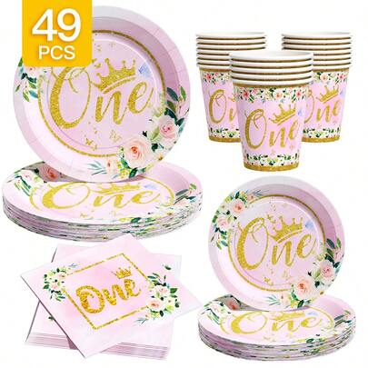 Pink Flower & Butterfly 1st Birthday Disposable Plates, Napkins, Cups - One-Time Party Supplies Set For 8 Guests, Suitable For Birthday, Wedding, Theme Party, Family Picnic