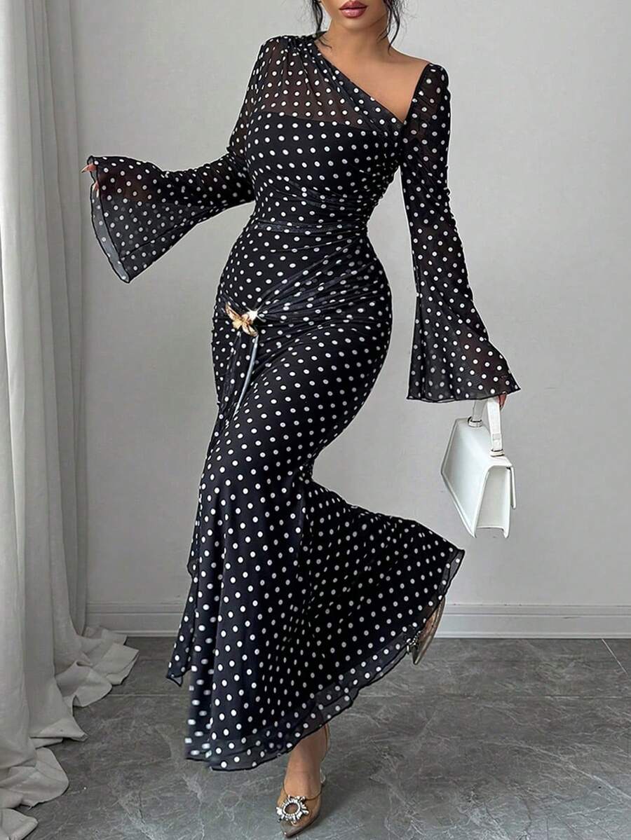 Women's Polka Dot Asymmetric Neck Long Sleeve Elegant Arabic Style Dress - Black - View 1