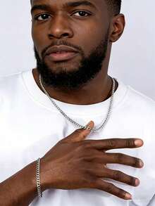 2pcs Stainless Steel Men's Necklace And Bracelet Set, Men's Fashion Accessory - Silver - View 5