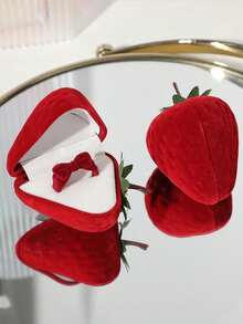 Strawberry-Shaped Ring Box With Soft Cushioning Interior & Realistic Leafy Stem - Elegant Red & White Contemporary Jewelry Storage Case For Wedding Bands, Engagement Rings, Valentine's Gift - Synthetic Faux Leather-Like Material, Compact Proposal Box For Couples, Girlfriend, Boyfriend - Multicolor - View 5