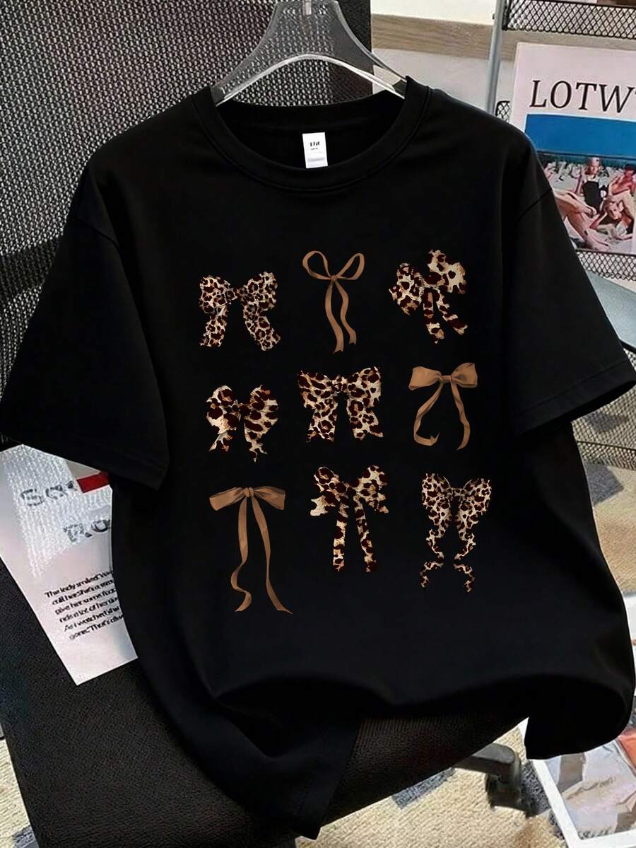 休閒時尚街頭風豹紋蝴蝶結圓領短袖T恤,春夏穿著,青少年風格 - 黑色 - 查看 1