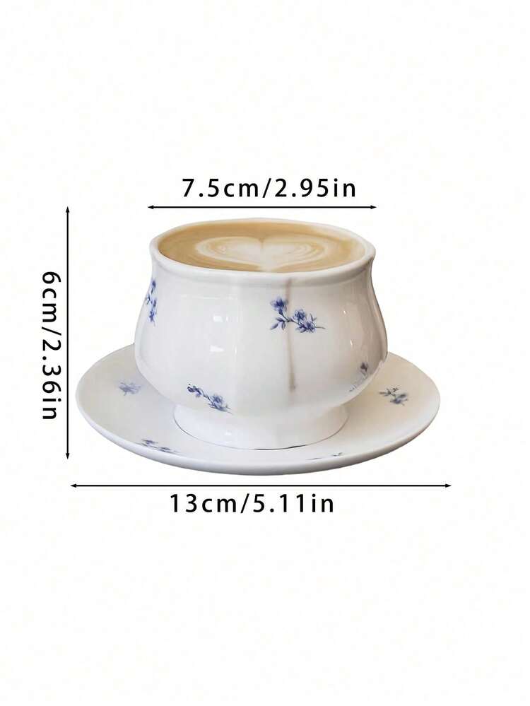 1pc French Retro Floral Ceramic Handled Cup & Saucer Set, Niche Design Coffee Latte Cup, Elegant Afternoon Tea Cup & Saucer - Multicolor - View 2