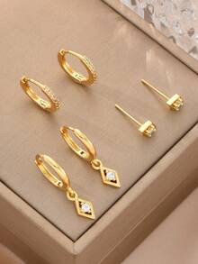 6 Pieces Simple & Fashionable Shiny Copper Earring Set With Full Zirconia Inlay - Luxury Jewelry Ear Accessories Gift Valentines,Mom,Gift - Yellow Gold - View 5