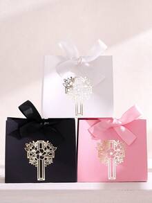 5pcs Christian Easter Gift Boxes With Gold Cross & Floral Patterns, Tied With Ribbons And Wrapped In Religious Themes, Suitable For Easter, First Communion, Baptism And Wedding Favors - Multicolor - View 2