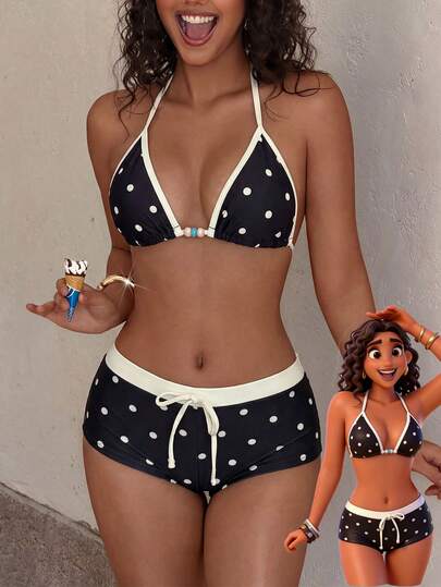 Bộ bikini nữ màu vàng chấm bi kiểu retro, thích hợp cho các buổi đi chơi, phong cách Y2K, dạo phố, nghỉ mát, bãi biển mùa hè.