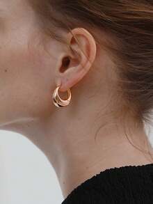 1 Par de Brincos Argola Geométricos Minimalistas de Luxo Retrô Francês em Ouro Rosa, Adequado para Uso Diário e em Festivais por Meninas Jovens - Geometria C - Visão 5