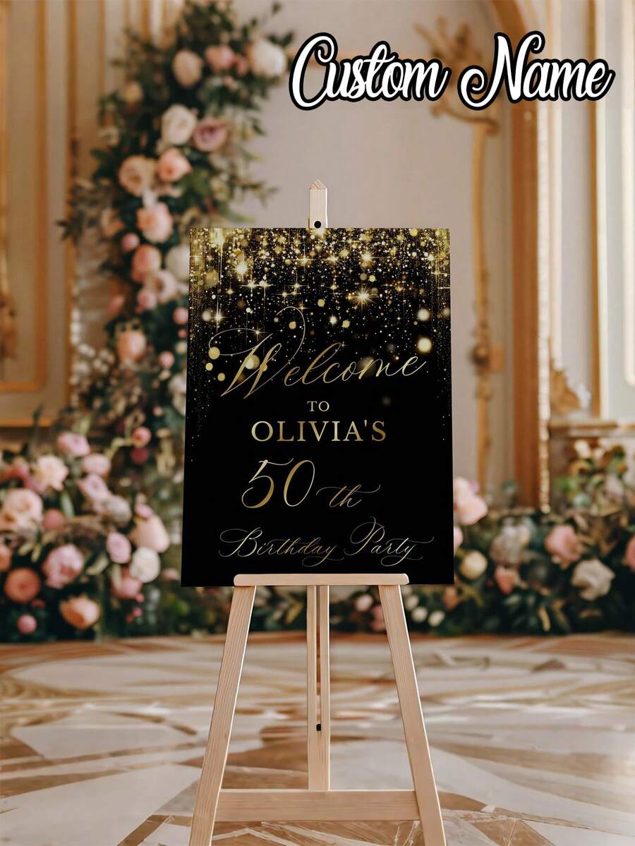 1 pieza Póster de cumpleaños personalizado en negro y dorado, Cartel de bienvenida de cumpleaños personalizado, Póster de lienzo sin marco personalizado - Arte de pared personalizado con tu nombre, Impresión de póster de lienzo de bienvenida de cumpleaños personalizado - Multicolor - Ver 1