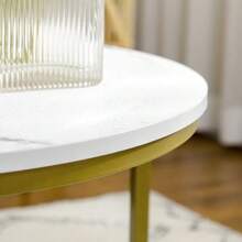 Set Of 2 Round Coffee Tables, With Gold Steel Frame, Stackable, Marble Look, For Living Room, Maximum Load 30 Kg, White. - White - View 7