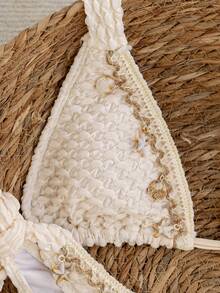 Bohemian Style Women's V-Neck Crochet Bikini Set, Featuring Tie-Back Design And Shell Pattern, Perfect For Beach Vacation Summer - Beige - View 6