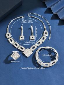 Conjunto de joyería de mujer con forma cuadrada que incluye collar con escote en V con diamante de imitación, aretes con flecos, pulsera y anillo. Conjunto de joyería de moda para bodas y fiestas - Blanco - Ver 9