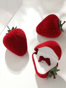 Strawberry-Shaped Ring Box With Soft Cushioning Interior & Realistic Leafy Stem - Elegant Red & White Contemporary Jewelry Storage Case For Wedding Bands, Engagement Rings, Valentine's Gift - Synthetic Faux Leather-Like Material, Compact Proposal Box For Couples, Girlfriend, Boyfriend - Multicolor - View 7