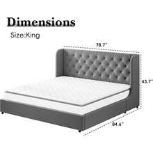 Full Bed Frame With Velvet Button-Tufted Headboard , Upholstered Bed Frames, Soft Fabric, Button Tufted Headboard With Windback, Curved Wingback Design,  Queen Bed Frame/ King Bed Frame/ Full Size Bed Frame, Pink/ White/ Grey - 灰色 - 查看 10