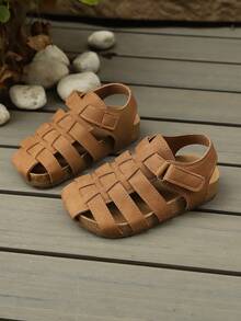 Kids' Solid Color Woven Non-Slip Soft Bottom Hook And Loop Retro Fashion Sandals, Suitable For Beach Play In Summer - Brown - View 1